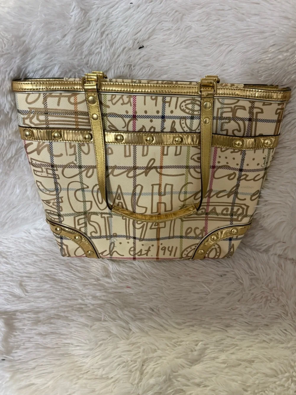 Coach Vintage 2008 Graffiti Script Tote Bag Gold Studded Plaid Y2K Shoulder Bag - Picture 2 of 6